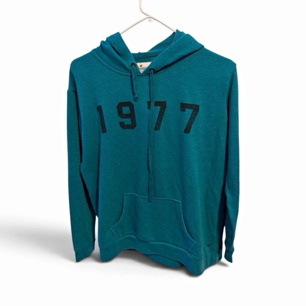 American Eagle Women’s Teal Logo Pullover Hoodie S Fleece Pockets 1977